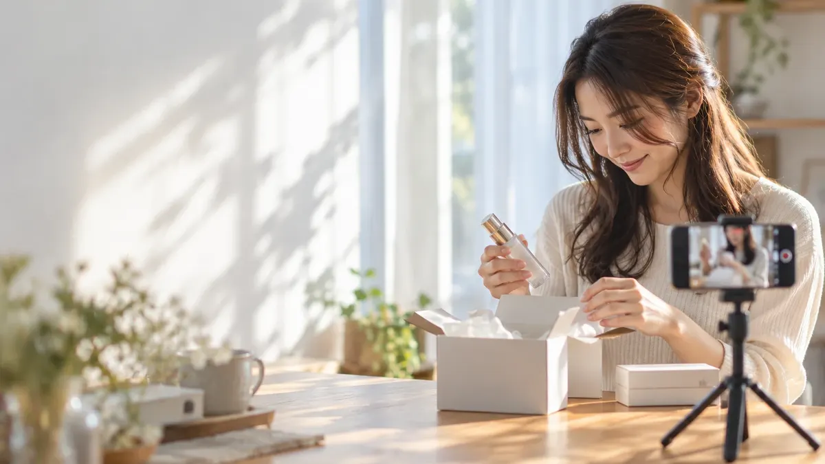 窓際の机で、届いた箱を開けながらスマートフォンで撮影している女性