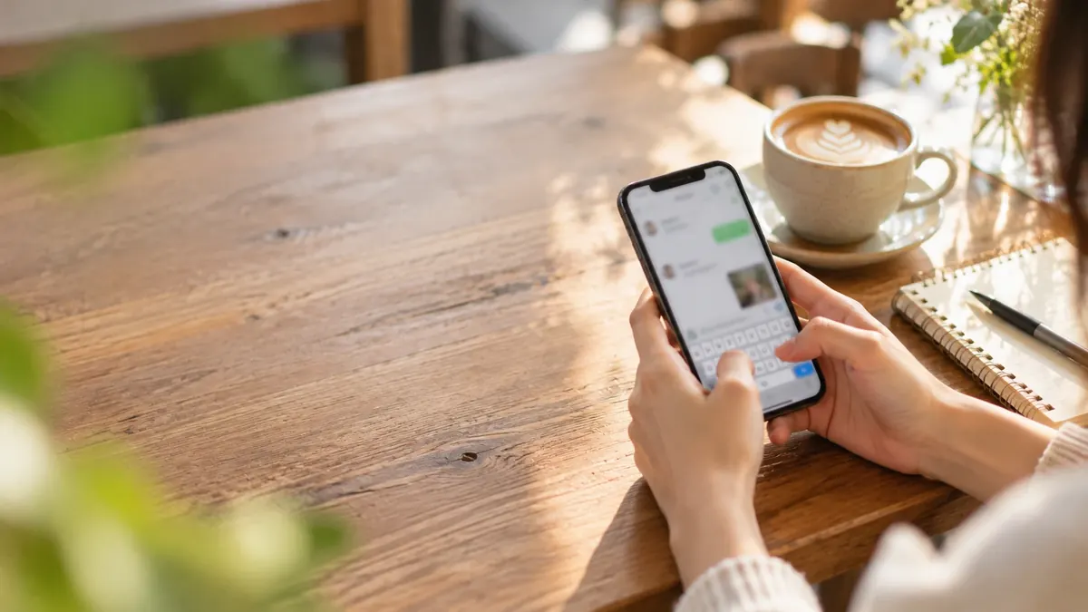 カフェの机でスマートフォンのメッセージを打つ手元