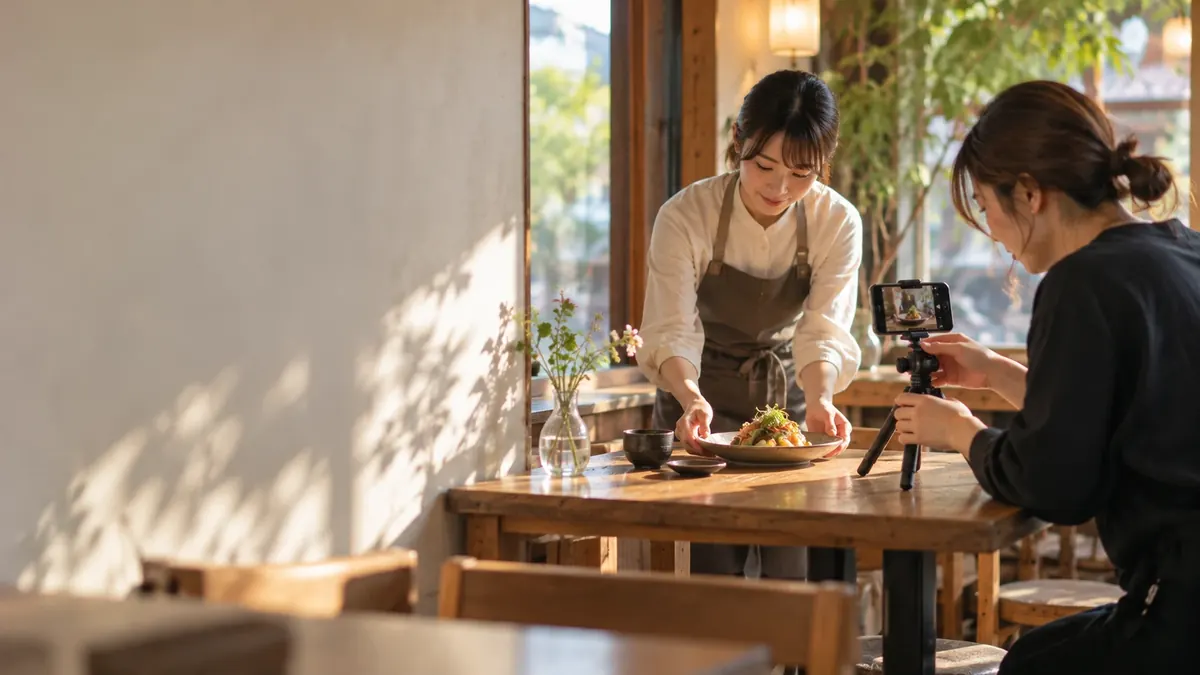 飲食店の店員が料理を出し、客がスマートフォンで撮影している様子