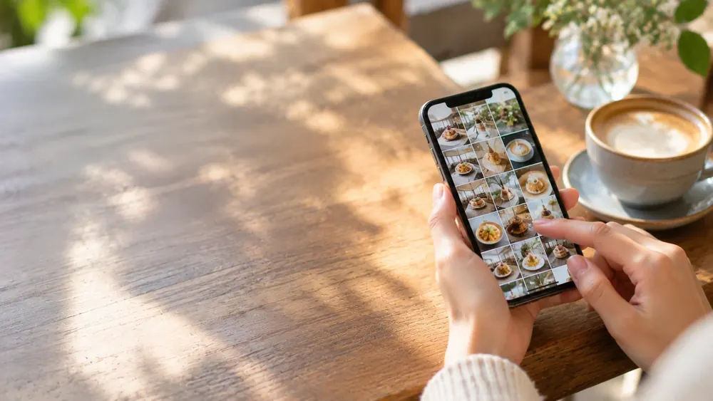 カフェの机で、SNS の投稿が並んだスマートフォンの画面を見ている手元